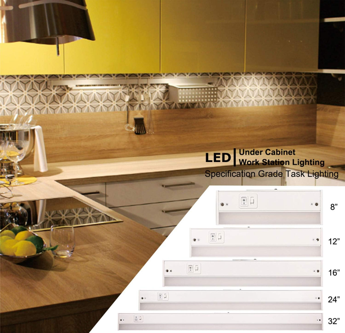 LED Under Cabinet Lighting Fixture, 24-inch 14W 985 Lumen, Dimmable, CRI 90, 3000K/3500K/4000K, Linkable, Hardwired or Plug-in, White Finish, Pack of 2 Z608355