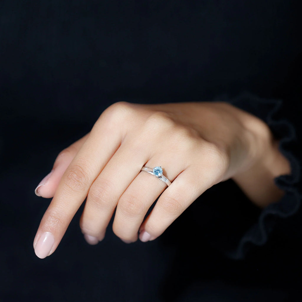 Aquamarine Solitaire Ring with Diamond, 925 Sterling Silver O215736