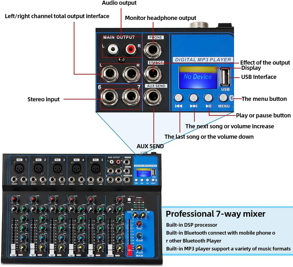 Bluetooth Portable Audio Mixer with USB DJ Sound Mixing Console W391978