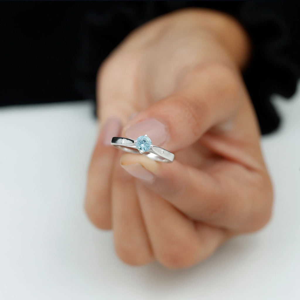 Aquamarine Solitaire Ring with Diamond, 925 Sterling Silver O215736