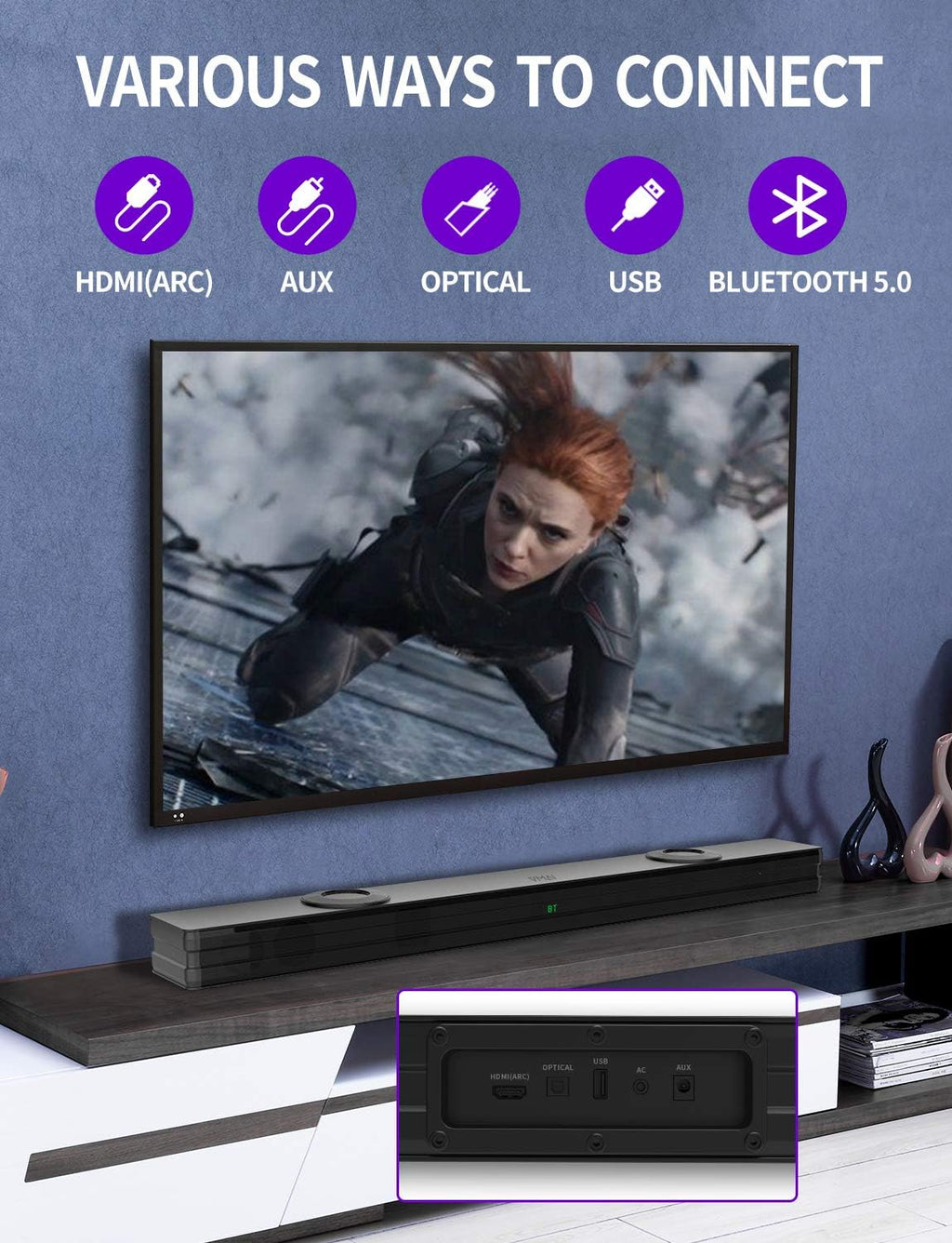 Sound Bar with Dual Built-in Subwoofer, 38 Inch 2.1, 90W, Bluetooth 5.0, Wall Mountable O2139