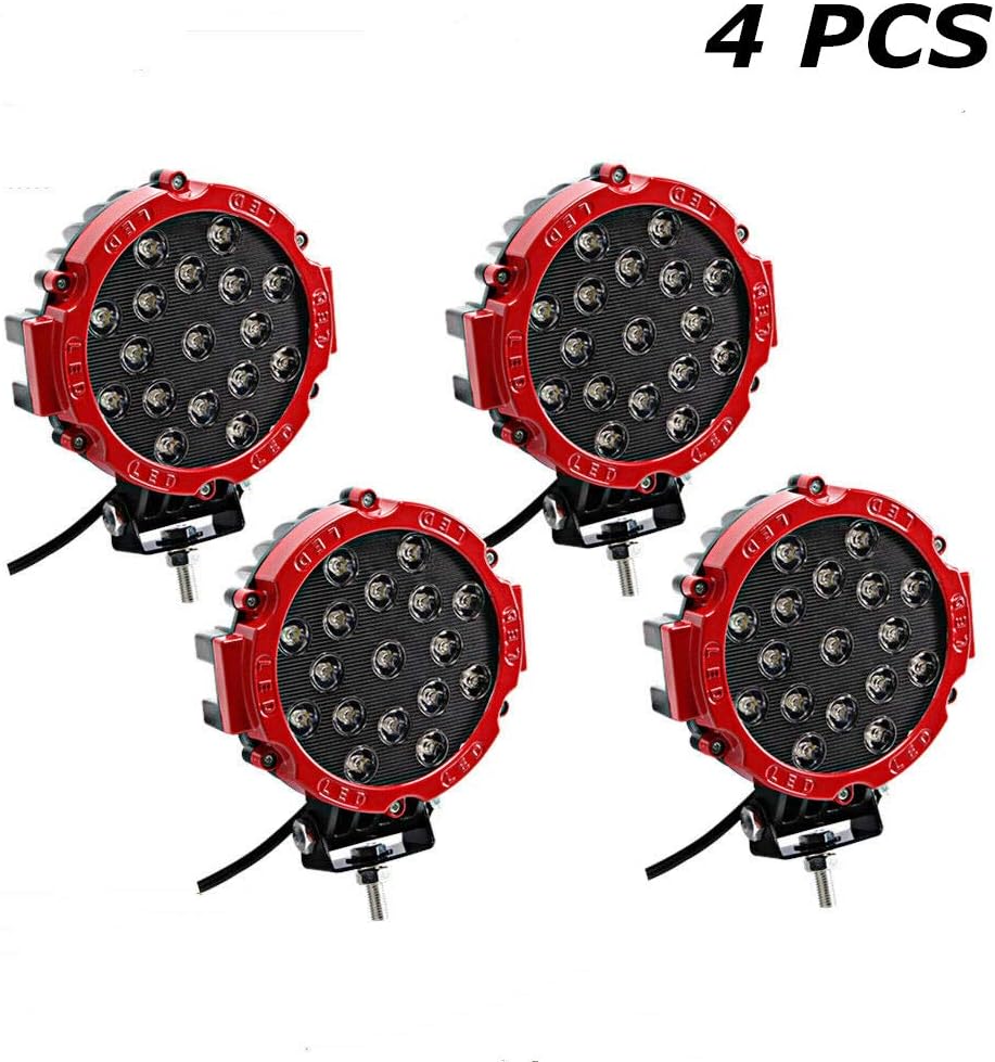 7” 51W Led Tractor Work Lights, 12V Round Off-Road Driving Flood Lights (4 Pcs Red) Pack of 2 N57341