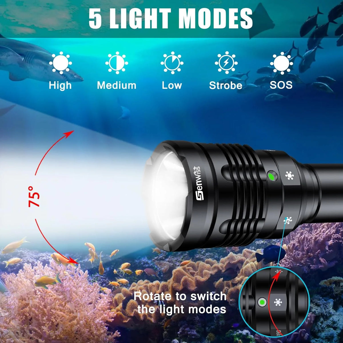 Rechargeable Underwater Dive Flashlight with Battery and Charger F45090