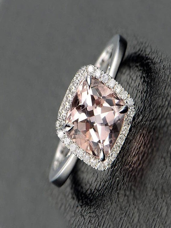1.25 Carat Cushion Cut Peach Pink Morganite and Diamond Halo Engagement Ring in 10k White Gold F4254