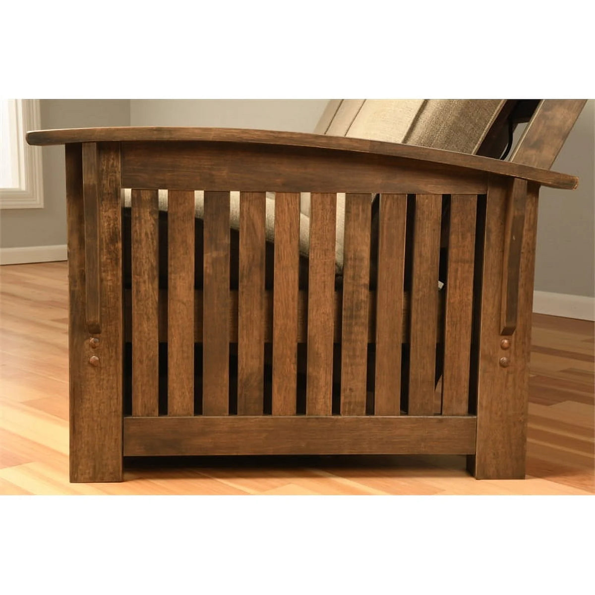 Walnut Futon with Drawers and Suede Blue Mattress Q31071