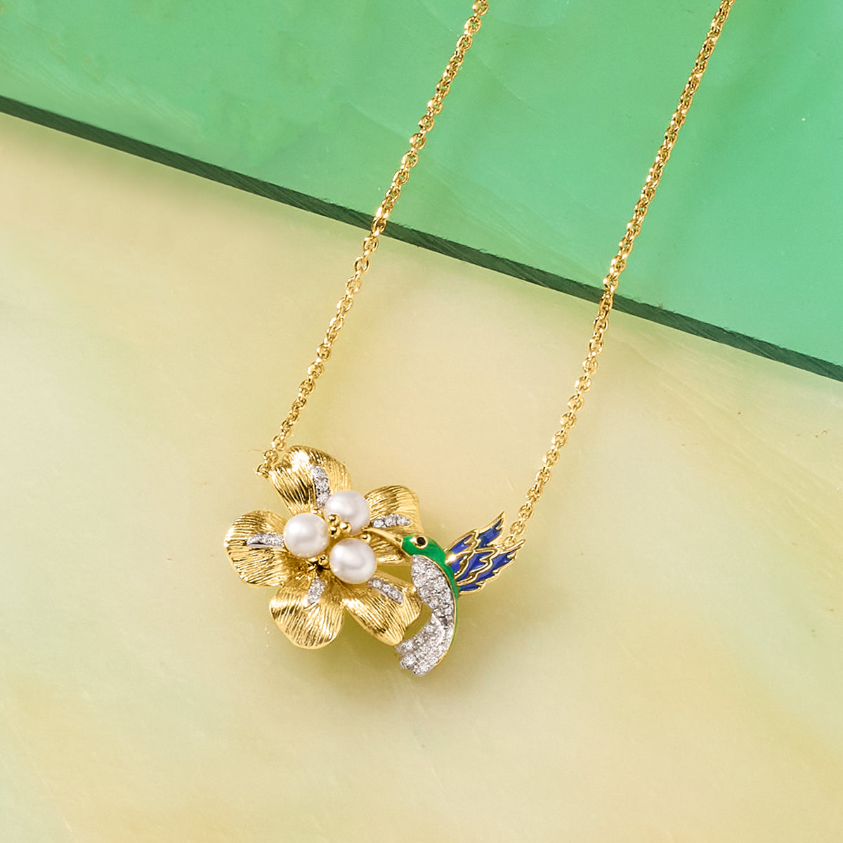 Cultured Pearl and Diamond Hummingbird and Flower Necklace With Enamel in 18kt Gold Over Sterling X73294
