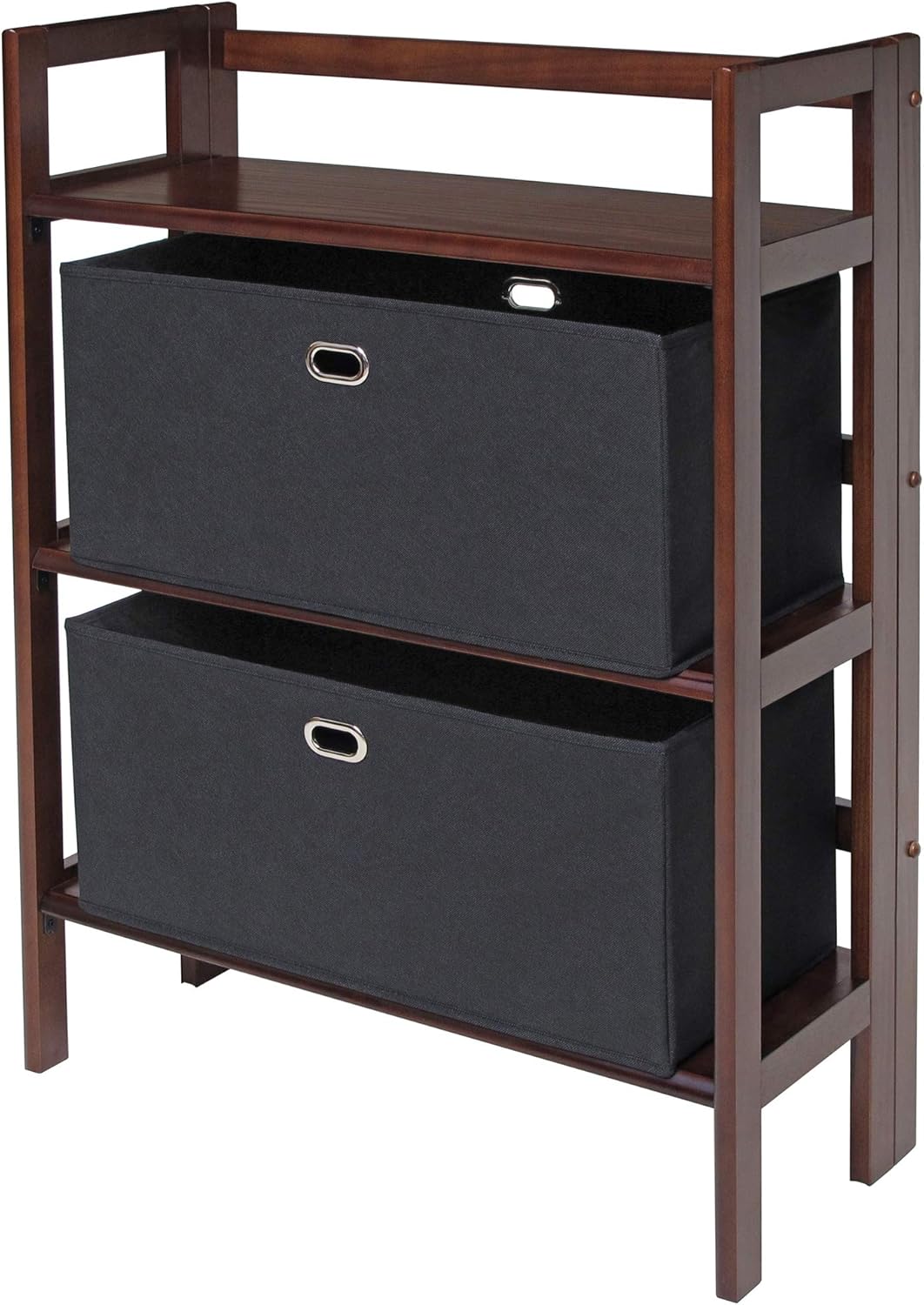Antique Walnut/Black 3-PC Folding Bookcase with Fabric Basket Q734416