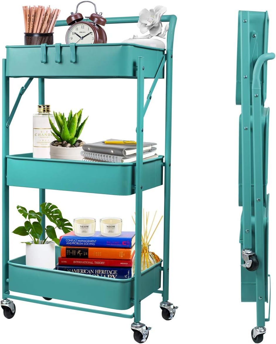 3-Tier Collapsible Rolling Utility Cart with Lockable Caster Wheels, Metal Storage Cart, Blue Yellow W947
