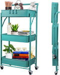 3-Tier Collapsible Rolling Utility Cart with Lockable Caster Wheels, Metal Storage Cart, Blue Yellow W947
