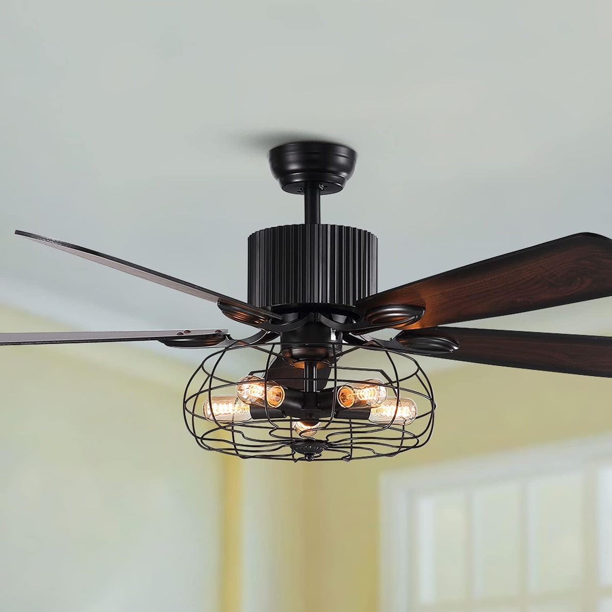 48 Retro Industrial Cage Ceiling Fan with Lights and Remote B374214