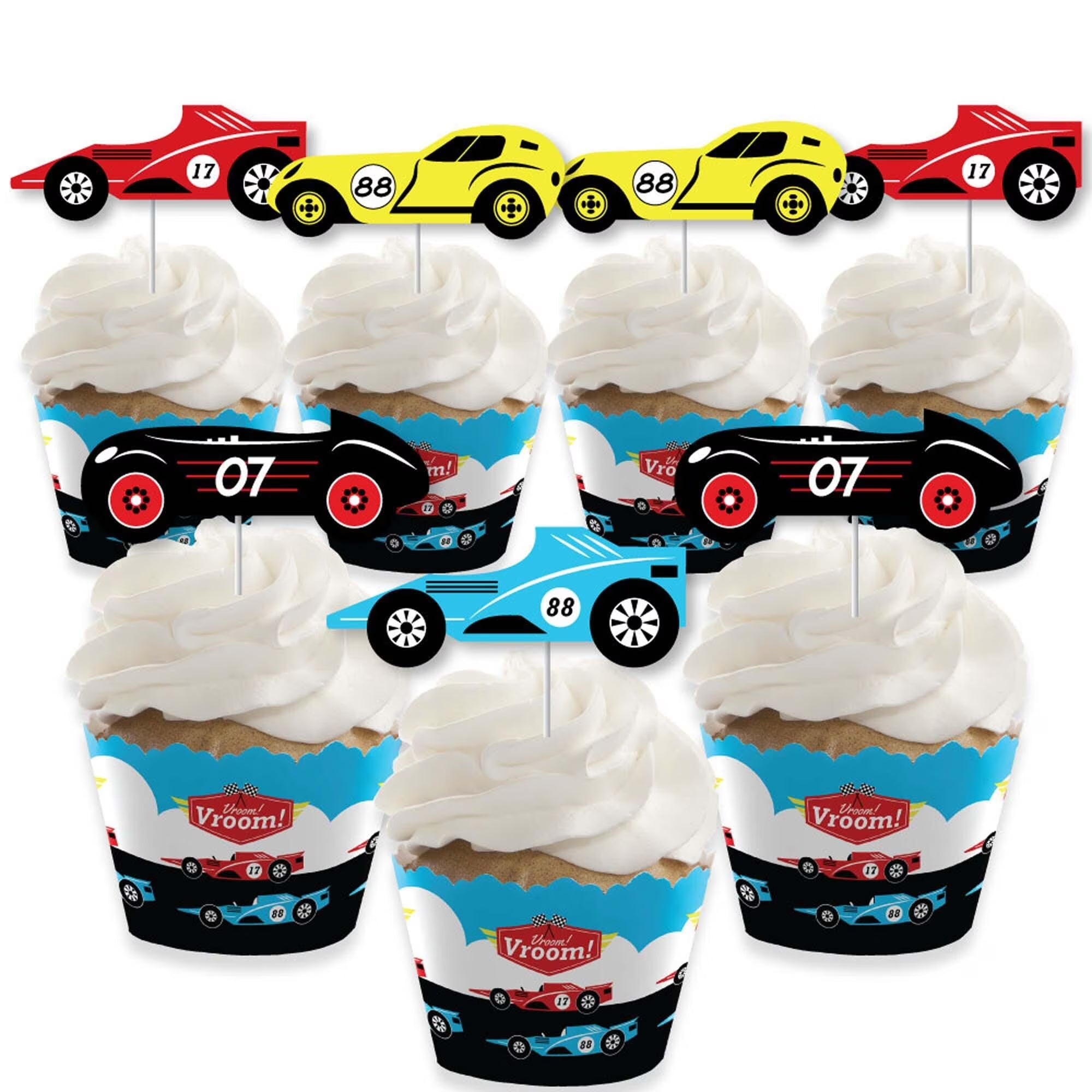 Racecar Cupcake Wrappers and Treat Picks Kit - Set of 24 Y4896