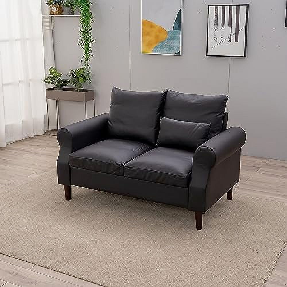 Black Faux Leather 2-Seat Sofa with Wood Leg W881