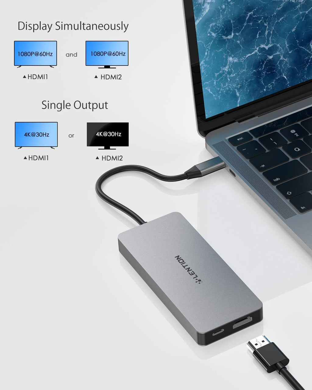 USB C Dual HDMI Hub with 4X USB 3.0, 2X 4K HDMI and 100W Type C Charging Adapter, Space Gray, Pack of 2 L802