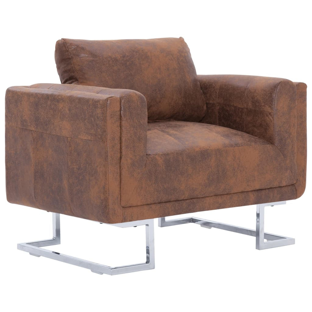 Cube Armchair Faux Suede Leather Upholstery Chair with Chrome Feet Brown L382983