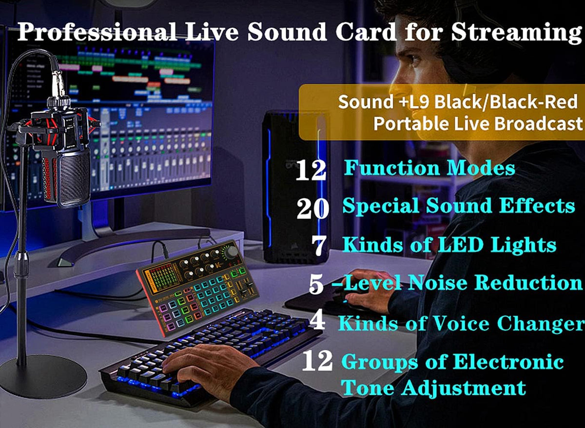 Professional Audio Mixer Sound Card with DJ Mixer Effects, Voice Changer and LED Light, Pack of 2 S285716