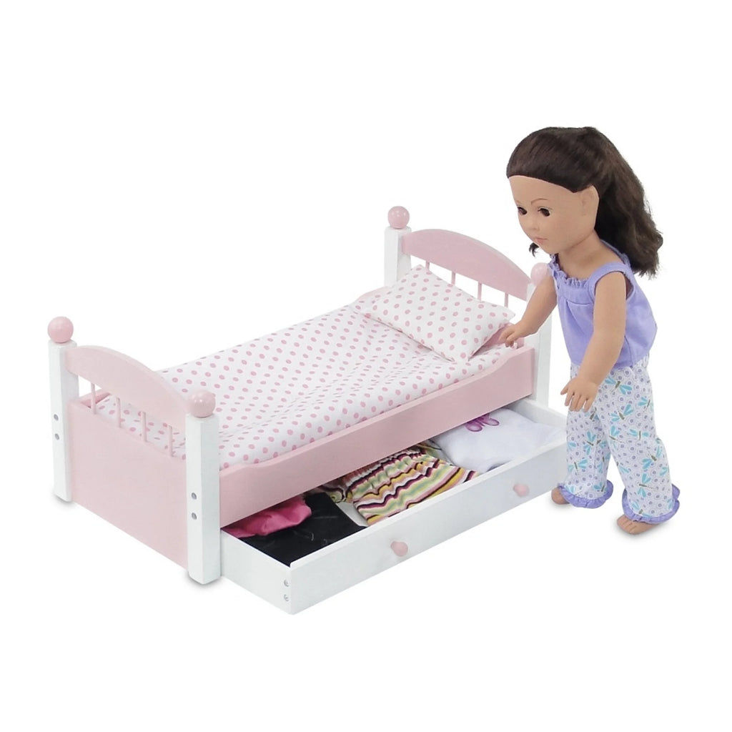 18 Inch Doll Trundle Bed with Plush Polka Dot Doll Bedding L57779