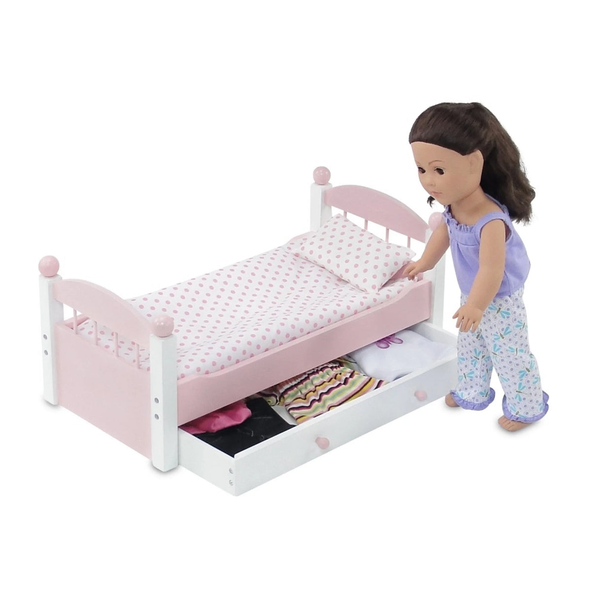 18 Inch Doll Trundle Bed with Plush Polka Dot Doll Bedding L57779