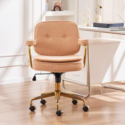 Camel Boucle Desk Chair with Wheels and Arms and Gold Metal Legs H361428
