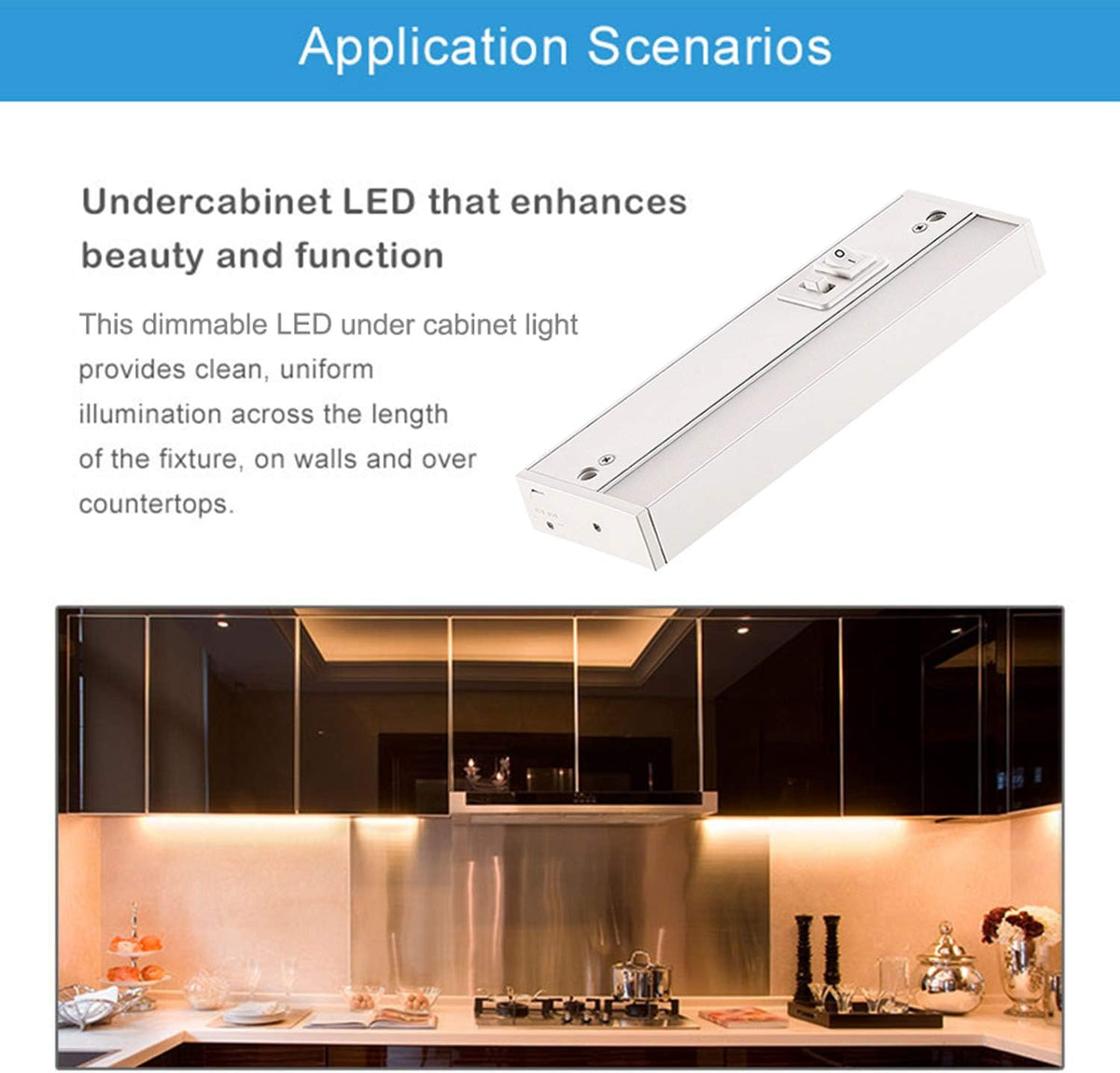 LED Under Cabinet Lighting Fixture, 24-inch 14W 985 Lumen, Dimmable, CRI 90, 3000K/3500K/4000K, Linkable, Hardwired or Plug-in, White Finish, Pack of 2 Z608355