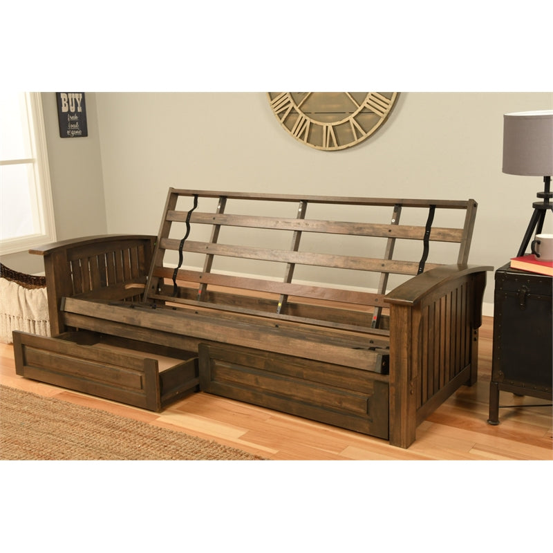 Walnut Futon with Drawers and Suede Blue Mattress Q31071