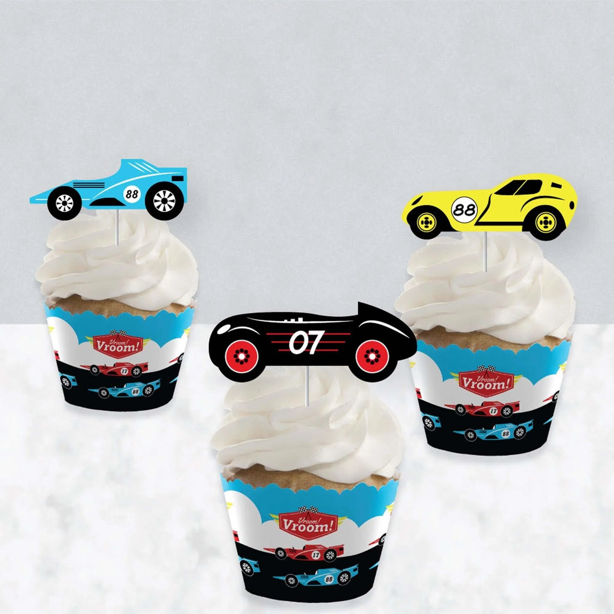 Racecar Cupcake Wrappers and Treat Picks Kit - Set of 24 Y4896