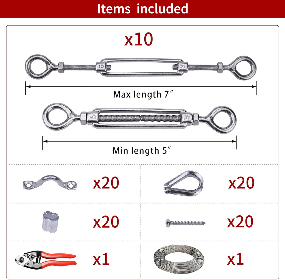 1/8 Cable Railing Kit Hardware Turnbuckle M5 Eye to Eye with 165Ft Wire Rope Stainless Steel Angle Adjustable 10 Cable Lines S62889