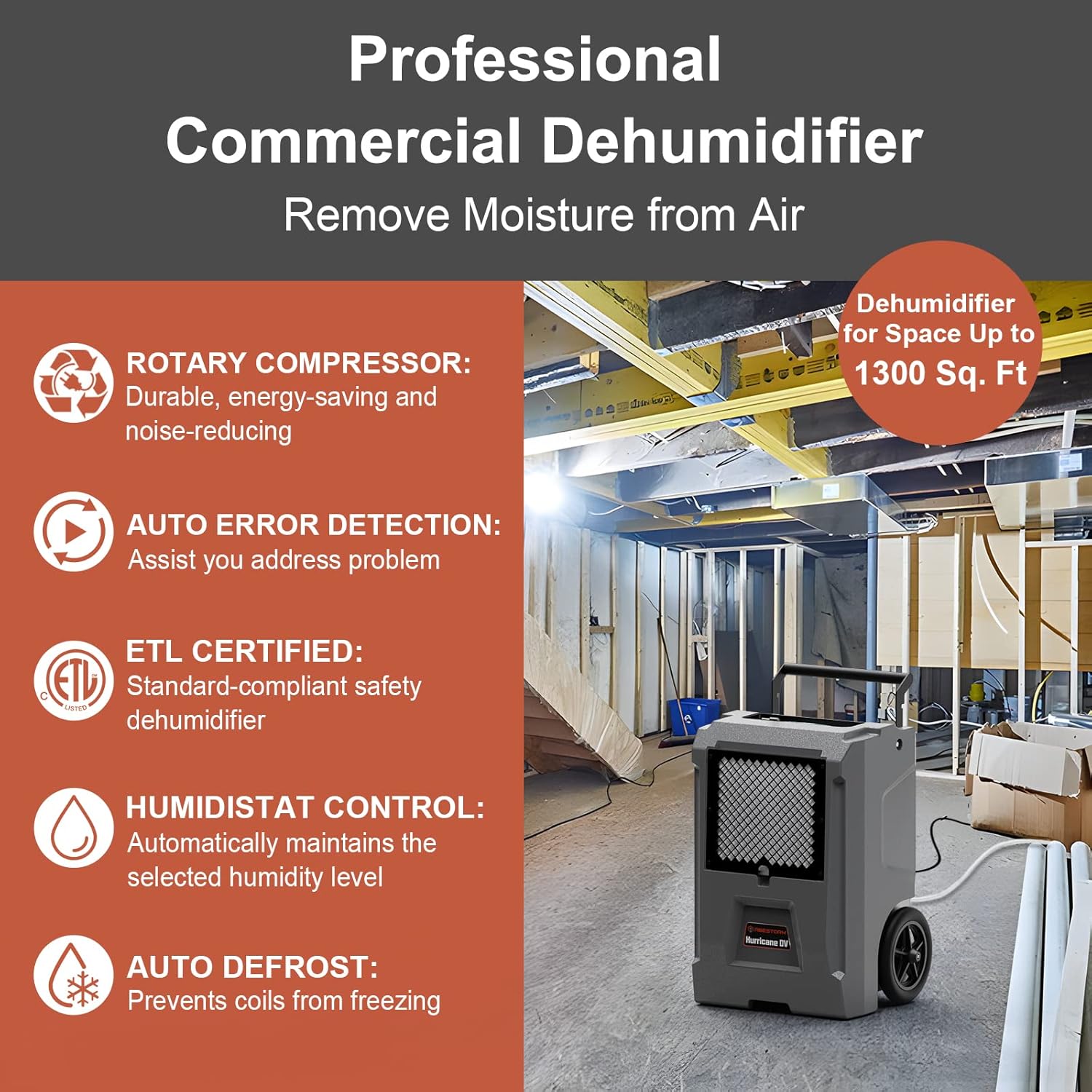 Commercial Dehumidifier with Pump and Drain Hose, 110 Pints J16179