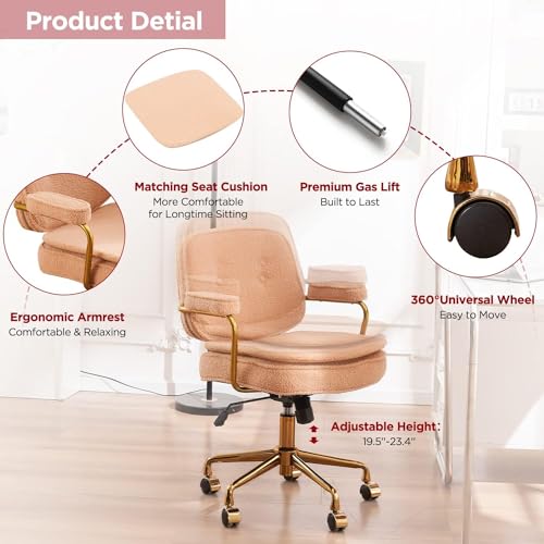 Camel Boucle Desk Chair with Wheels and Arms and Gold Metal Legs H361428