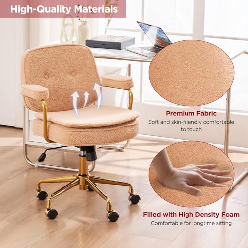 Camel Boucle Desk Chair with Wheels and Arms and Gold Metal Legs H361428