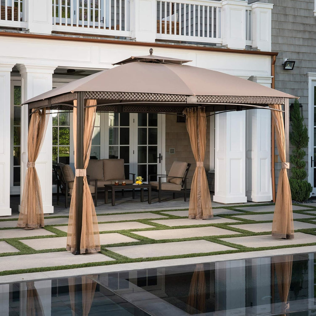Tan Aluminum and Steel Gazebo with Mosquito Netting S23556