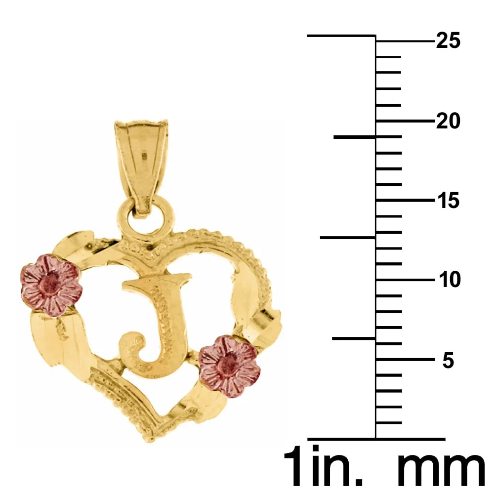 14K Two-Tone Gold Flower and Heart-Shaped Initial Pendant with 16" Chain Necklace I976614