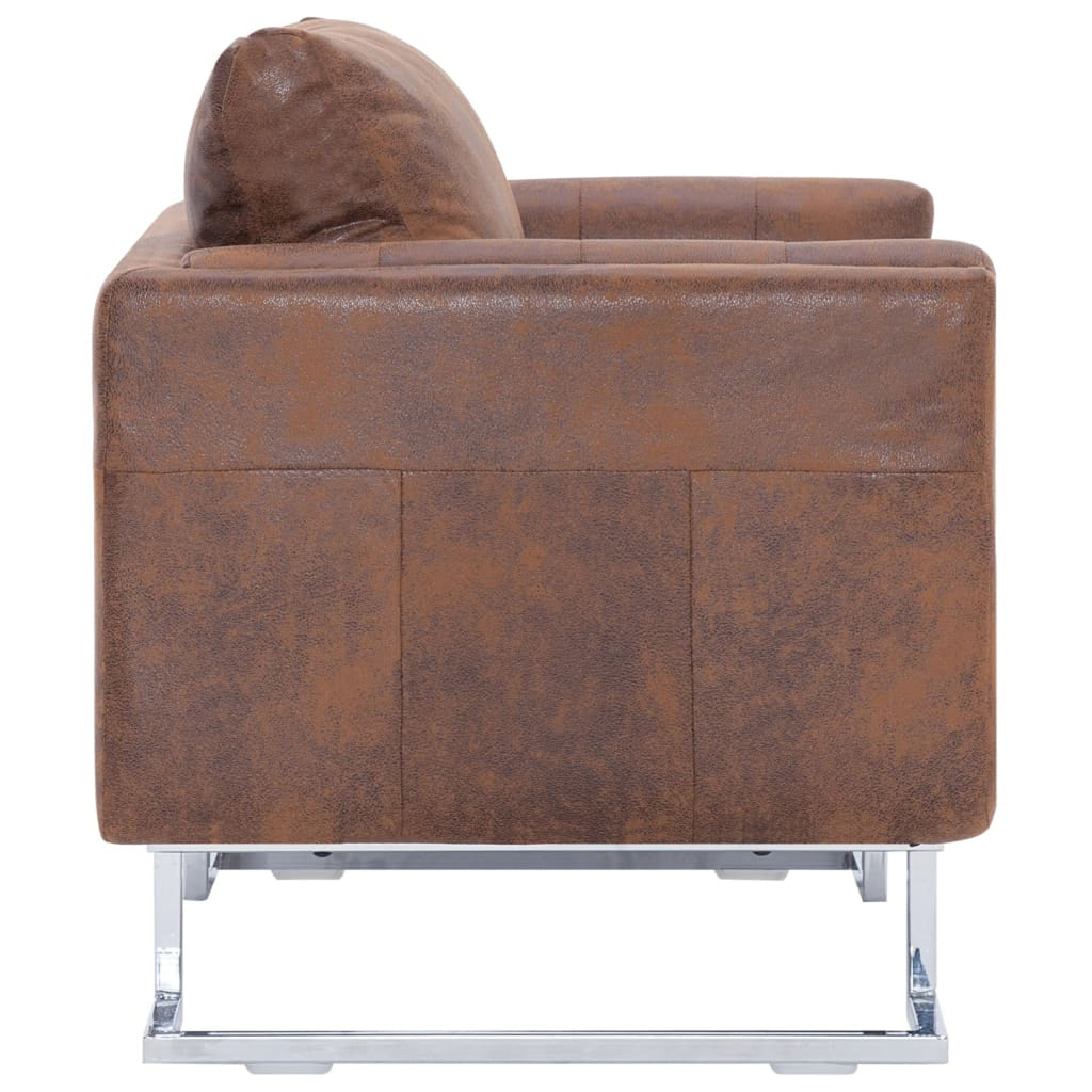 Cube Armchair Faux Suede Leather Upholstery Chair with Chrome Feet Brown L382983