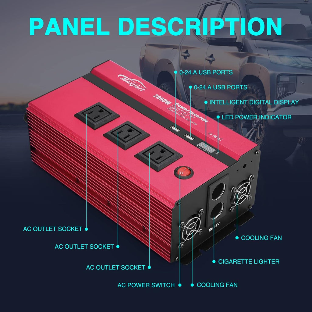 2000W Power Inverter 12v to 110v AC to DC Converter with 3 AC Outlets and USB Charging Port R364967