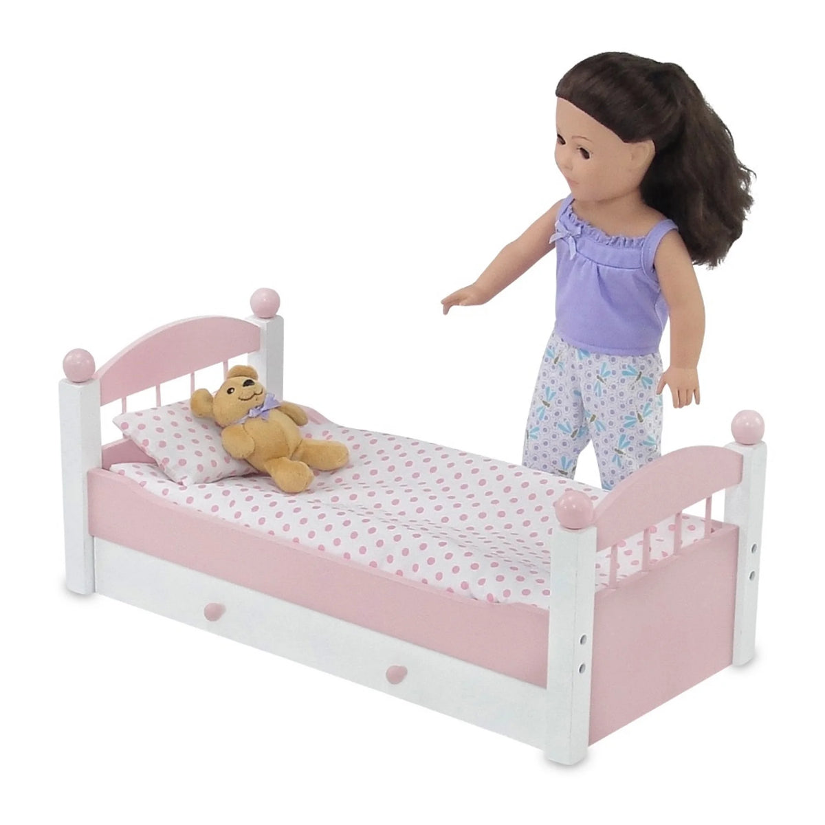 18 Inch Doll Trundle Bed with Plush Polka Dot Doll Bedding L57779