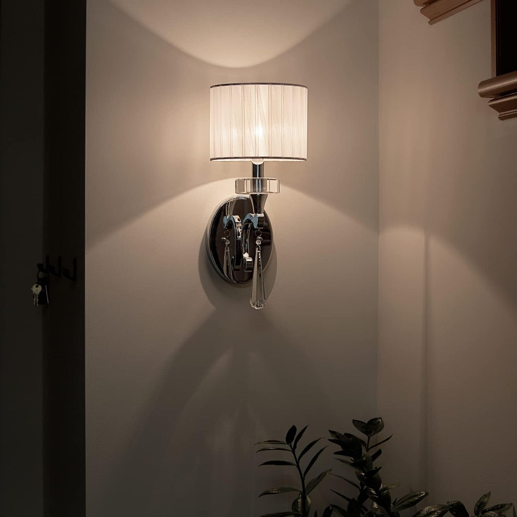 Chrome 1 Light Wall Sconce with Optical Crystal Accents and Organza Fabric U4908