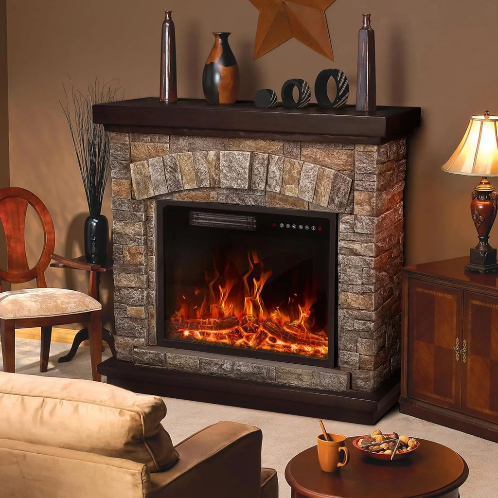 Electric Fireplace with Mantel, 36 inch Freestanding Stone Fireplace Heater TV Stand P170