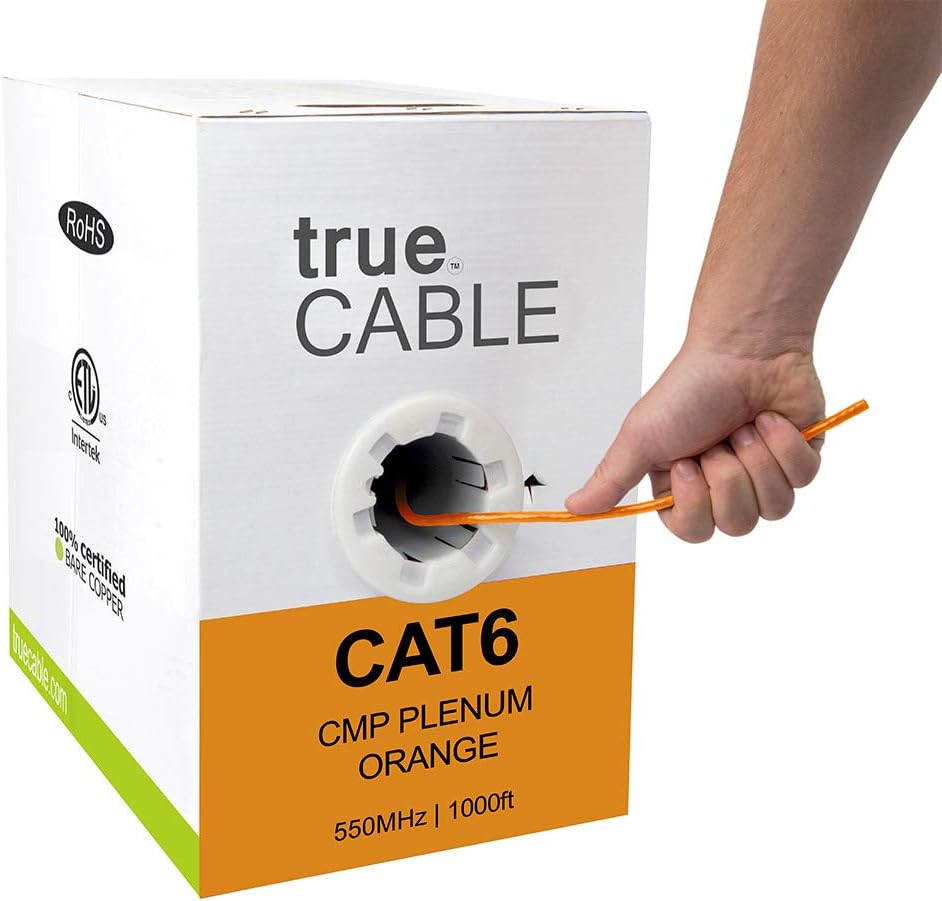 Cat6 Plenum 1000ft Black 23AWG 4 Pair Solid Bare Copper Bulk Ethernet Cable D772