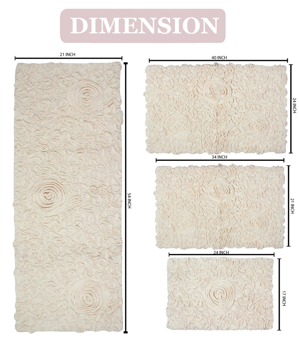 100% Cotton Tufted Bath Rugs, 4 Piece Set with Runner, Ivory E80687