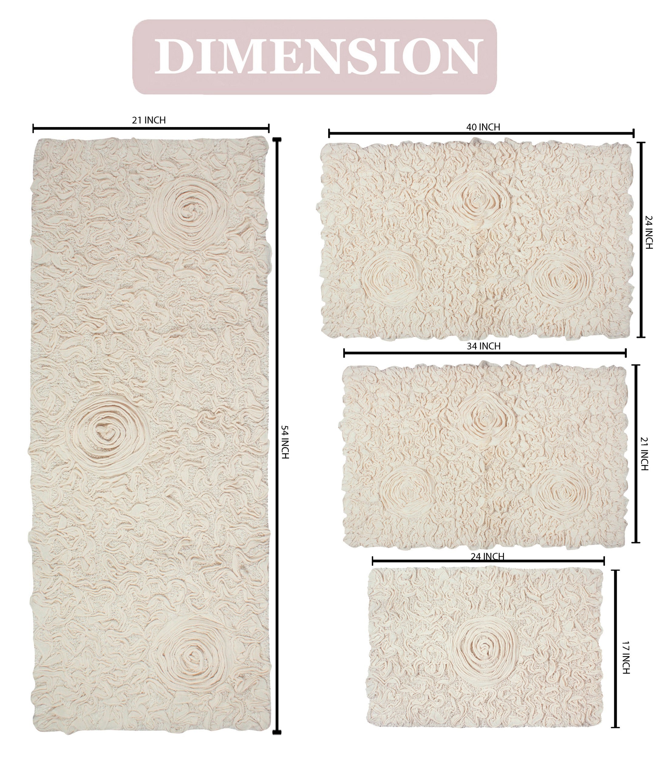 100% Cotton Tufted Bath Rugs, 4 Piece Set with Runner, Ivory E80687