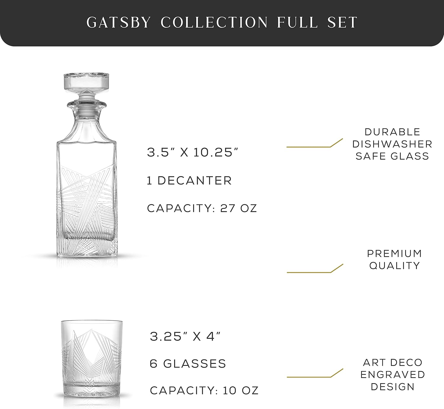 Whiskey Decanter and 6PC Glasses Set, 27 oz Airtight Glass Decanter, Set of 6 Old Fashioned Rocks Glasses V10066