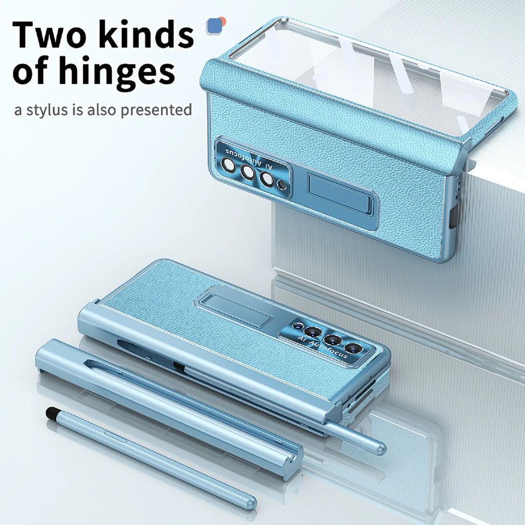 Blue Leather Kickstand Case with Tempered Glass Front Film T14755