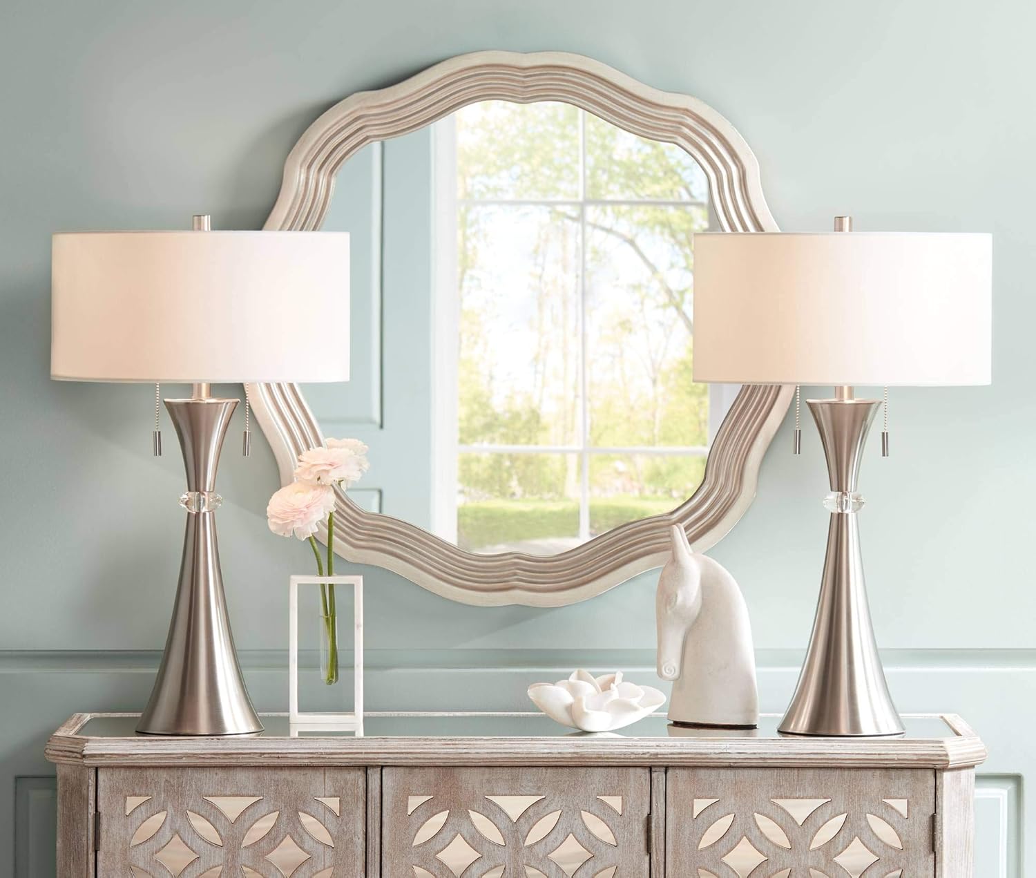 Silver Metal White Drum Shade Table Lamps Set of 2 K875471