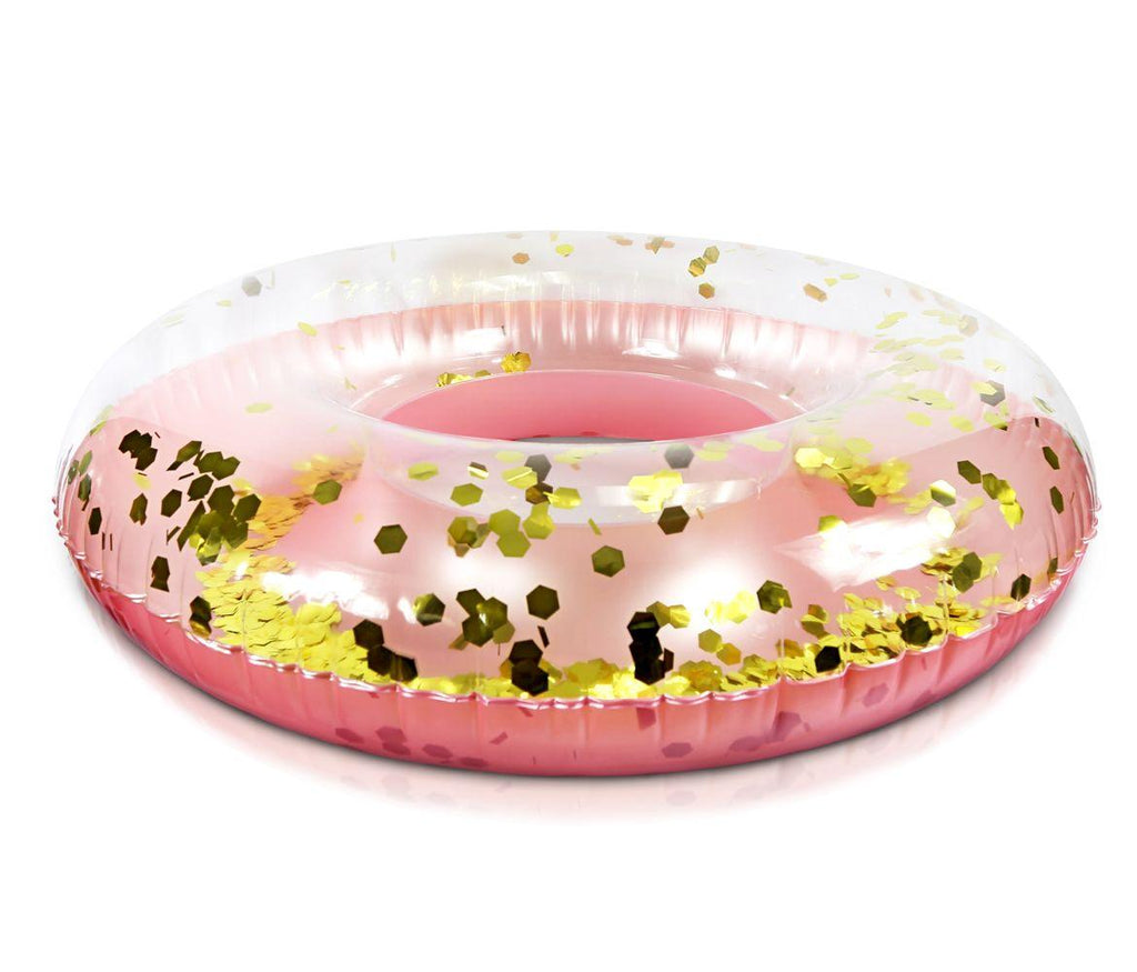 2 Inflatable Pool Swim Rings Rose Gold, Gold Confetti AND 2 Beach Balls Vinyl Flotation Pool Toy (4 Items) S8485