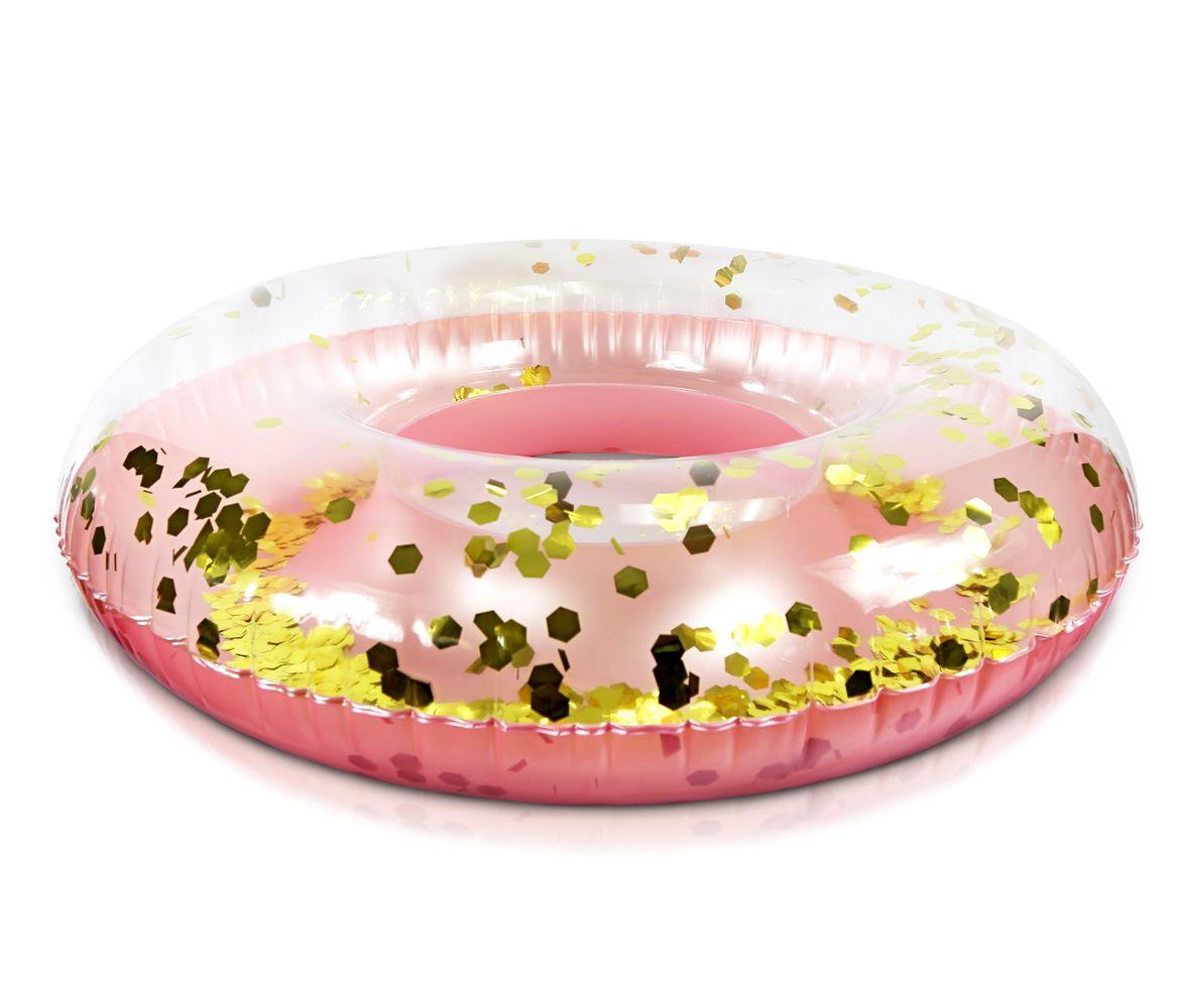 2 Inflatable Pool Swim Rings Rose Gold, Gold Confetti AND 2 Beach Balls Vinyl Flotation Pool Toy (4 Items) S8485