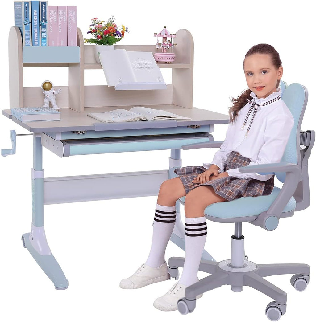 Pink Height Adjustable Ergonomic Kids Study Desk and Chair Set with Drawer and Bookshelf A1039