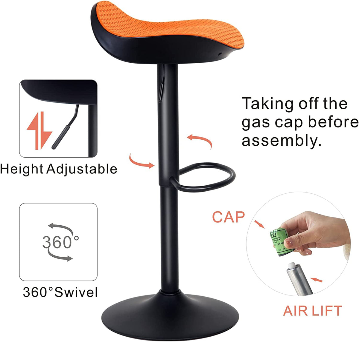 Orange Set of 2 Height Adjustable PU Leather Bar Stools N705