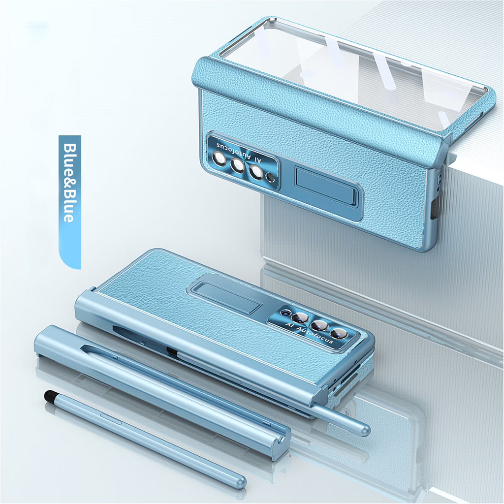 Blue Leather Kickstand Case with Tempered Glass Front Film T14755