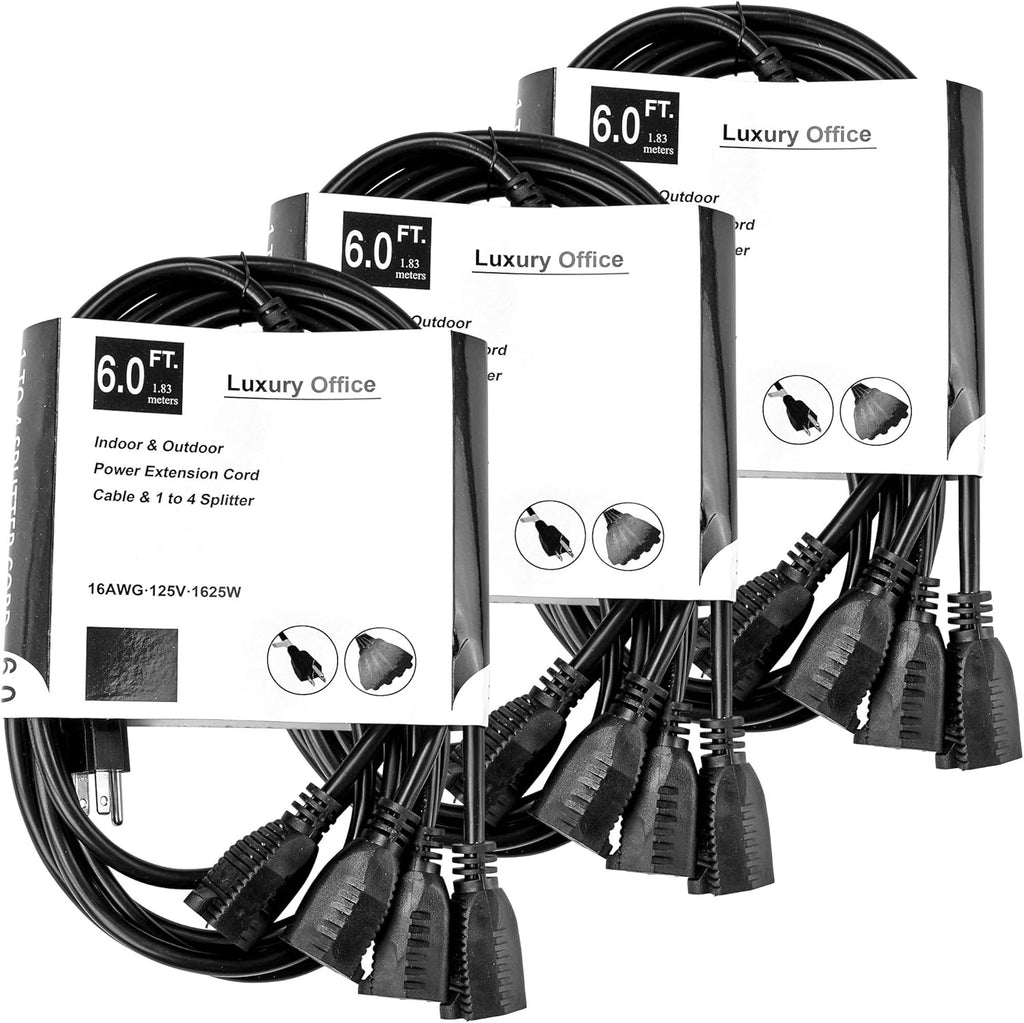 Black 3 Pack 12 ft 4 Way Power Splitter with 3 Pronged Outlet A86161