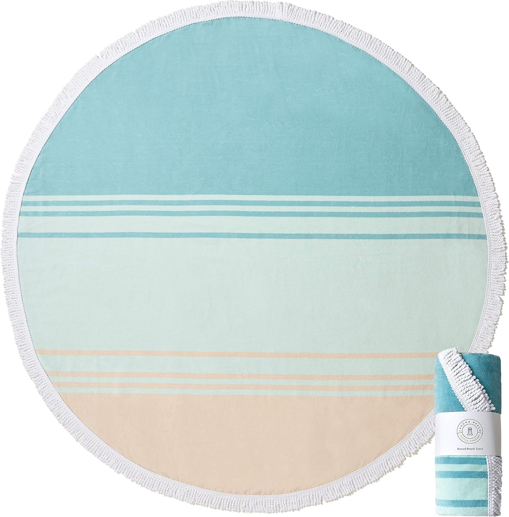 Coral and Teal Round Cabana Beach Towel, 5 Foot Diameter, Woven Jacquard D906353