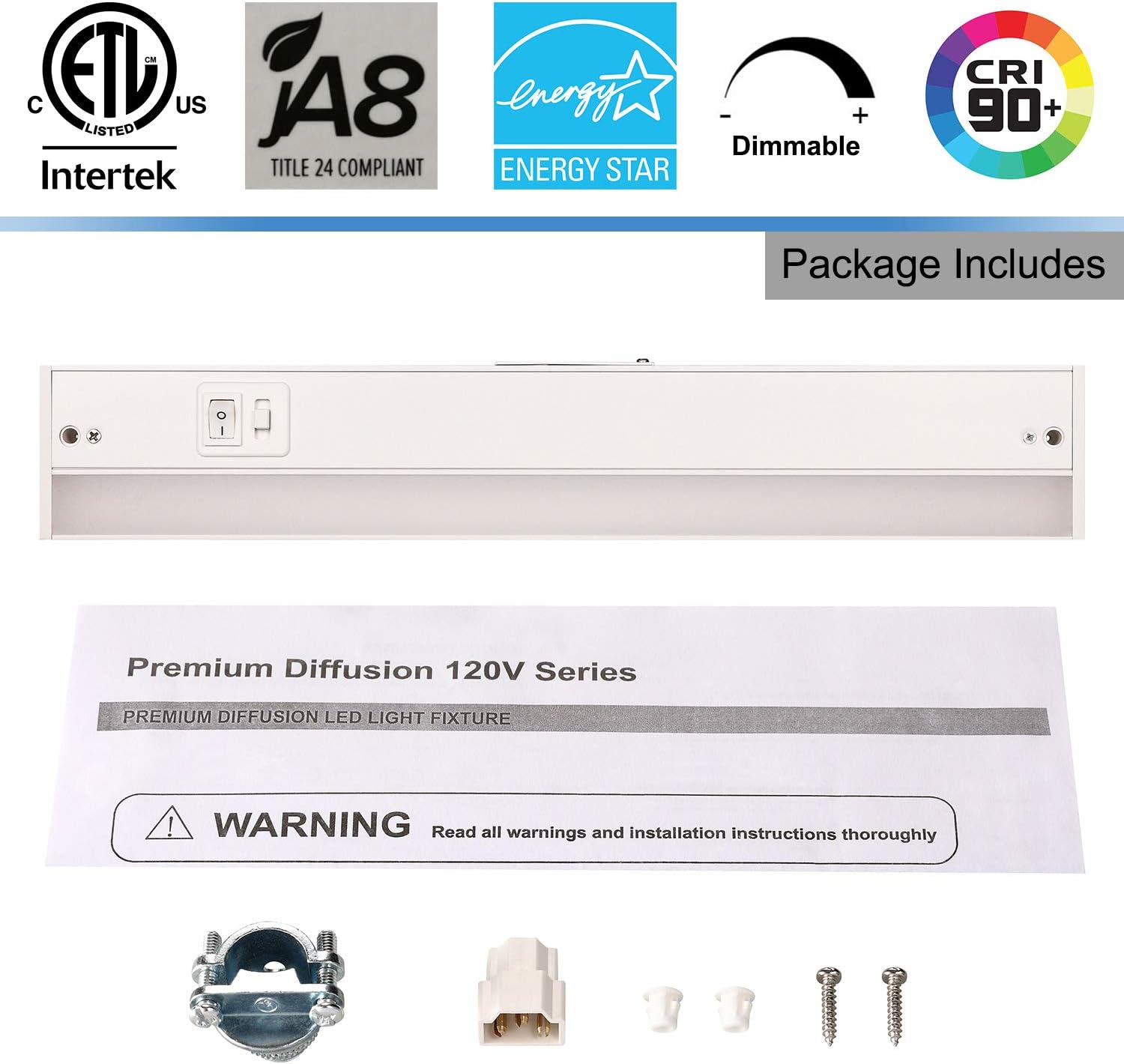 LED Under Cabinet Lighting Fixture, 24-inch 14W 985 Lumen, Dimmable, CRI 90, 3000K/3500K/4000K, Linkable, Hardwired or Plug-in, White Finish, Pack of 2 Z608355